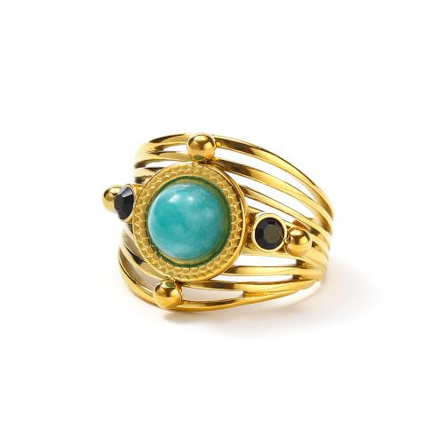 Titanium Steel Finger Ring, with turquoise, Vacuum Ion Plating, micro pave cubic zirconia & for woman, golden, Sold By PC