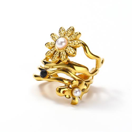 Titanium Čelik Finger Ring, s Plastična Pearl, micro utrti kubni cirkonij & za žene, zlatan, Prodano By PC