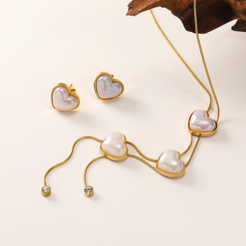 Jewelry Sets, Stud Earring & necklace, Titanium Steel, with Plastic Pearl, with 5CM extender chain, Heart, Vacuum Ion Plating, micro pave cubic zirconia & for woman, golden, Stud size -11x13mm, Length:Approx 45 cm, Sold By Set
