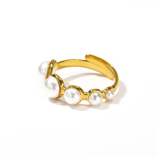 Titanium Steel Finger Ring with Plastic Pearl Vacuum Ion Plating for woman golden Sold By PC