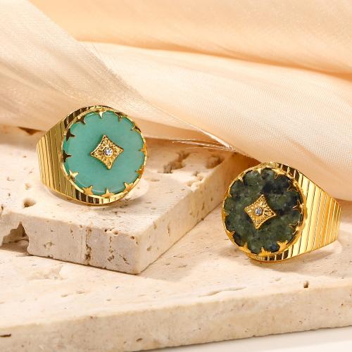 Titanium Steel Finger Ring, with African Turquoise, Vacuum Ion Plating, micro pave cubic zirconia & for woman, more colors for choice, Sold By PC