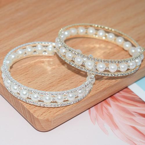 Iron Bracelet, with Plastic Pearl, plated, fashion jewelry & for woman & with rhinestone, more colors for choice, nickel, lead & cadmium free, diameter 55mm,width 10mm, Sold By PC