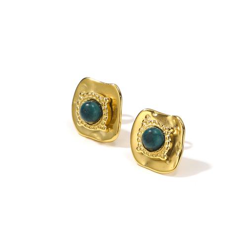 Boucle d'oreille Acier Titane, avec turquoise, pour femme, doré, 14x12mm, Vendu par paire