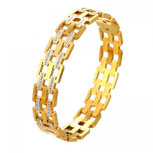 Partículas de aço pulseira comum, Padrão Geométrico, cromado de cor dourada, unissex & com strass & vazio, Diametro interno:Aprox 50mm, vendido por PC