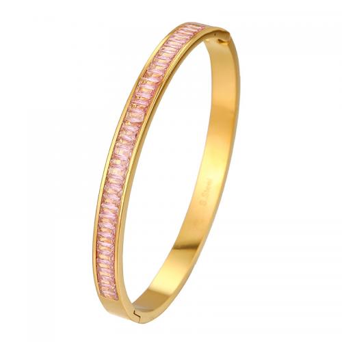Titanium Steel Bangle, gold color plated, Unisex & micro pave cubic zirconia, more colors for choice, Inner Diameter:Approx 50mm, Sold By PC