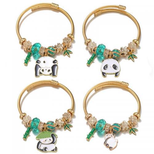 304 Stainless Steel European Bangle, with Tibetan Style bead & Resin, Panda, gold color plated, Unisex & adjustable & different styles for choice & enamel & with rhinestone, Inner Diameter:Approx 60mm, Sold By PC