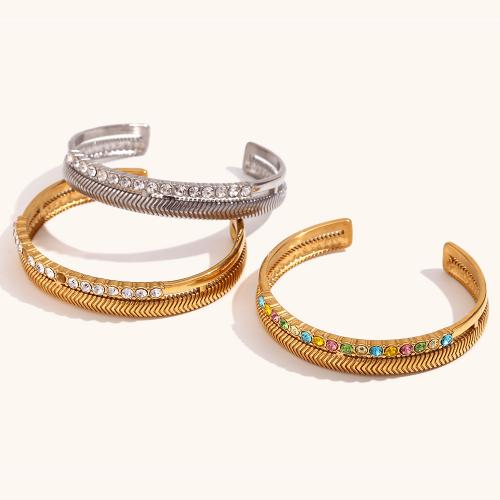 316L Stainless Steel Cuff Bangle Vacuum Ion Plating Double Layer & for woman & with rhinestone Inner Approx 63.6mm Sold By PC