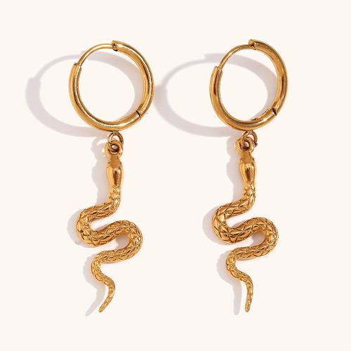 316L Stainless Steel Huggie Hoop Drop Earring, Snake, 18K gold plated, fashion jewelry & for woman, 41.30x13.50mm, Sold By Pair