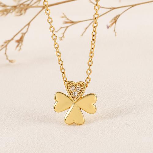 Titanium Steel Necklace, with 5cm extender chain, Four Leaf Clover, Vacuum Ion Plating, fashion jewelry & for woman & with rhinestone, golden, nickel, lead & cadmium free, Length:Approx 40 cm, Sold By PC