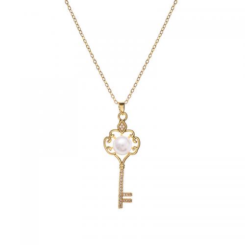 Titanstahl Halskette, mit Kunststoff Perlen, mit Verlängerungskettchen von 5cm, Schlüssel, Modeschmuck & für Frau & mit Strass, goldfarben, frei von Nickel, Blei & Kadmium, Länge:ca. 40 cm, verkauft von PC