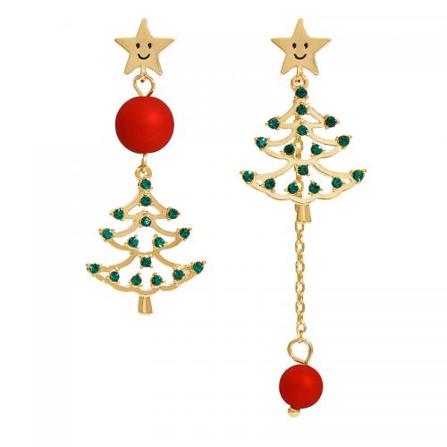 Christmas Earrings, Tibetan Style, Christmas Tree, gold color plated, fashion jewelry & for woman & with rhinestone, mixed colors, nickel, lead & cadmium free, about:6.2x2.1cm, Sold By PC