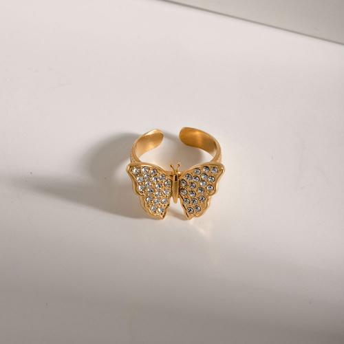 Rhinestone-Edelstahl -Finger-Ring, 304 Edelstahl, Schmetterling, plattiert, Modeschmuck & mit Strass, Goldfarbe, The inner diameter of the bracelet is 1.78cm, verkauft von PC