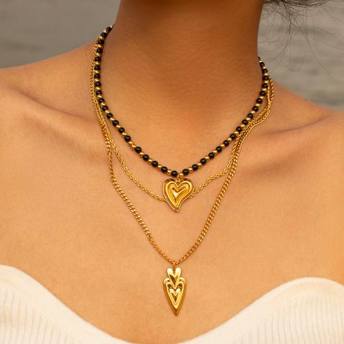 Rustfrit stål smykker halskæde, 304 rustfrit stål, med Sort Agate, med 5.5cm extender kæde, Heart, forgyldt, mode smykker, gylden, Solgt af PC