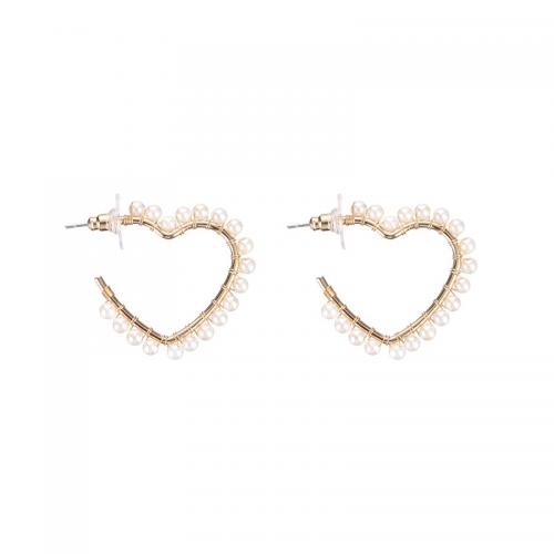 Brass Stud Earring with Plastic Pearl Heart gold color plated fashion jewelry & for woman nickel lead & cadmium free Sold By Pair