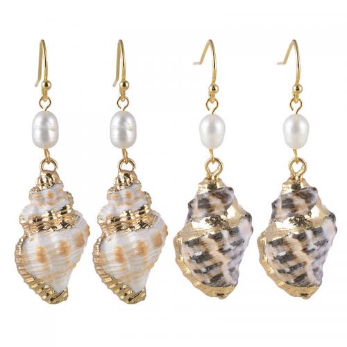 Brass Drop Earring, Trumpet Shell, with Freshwater Pearl & Brass, Conch, fashion jewelry & for woman, more colors for choice, 40x15mm, Sold By Pair