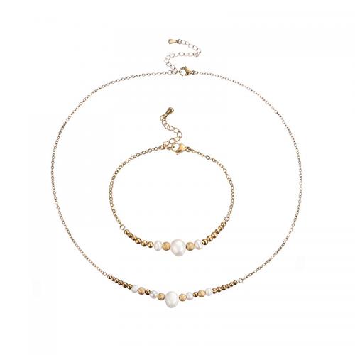 Brass Nakit Set, 304 nehrđajućeg čelika, s Slatkovodni Pearl, 2 komada & modni nakit & za žene, nikal, olovo i kadmij besplatno, Prodano By Set