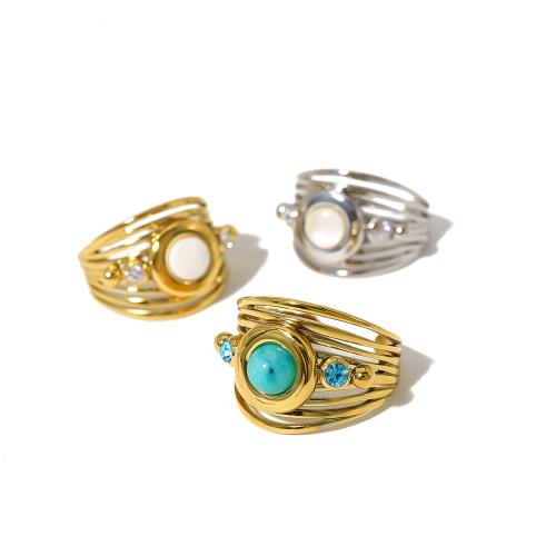 Stainless Steel Finger Ring 304 Stainless Steel with Natural Turquoise & Crystal 18K gold plated fashion jewelry & for woman nickel lead & cadmium free Sold By PC