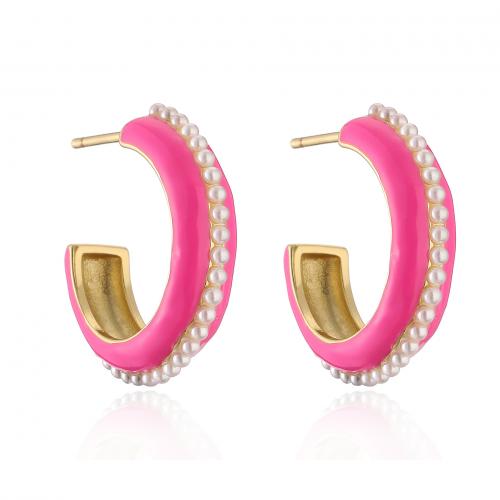 Brass Stud Earring, with Plastic Pearl, plated, for woman & enamel, more colors for choice, Sold By Pair