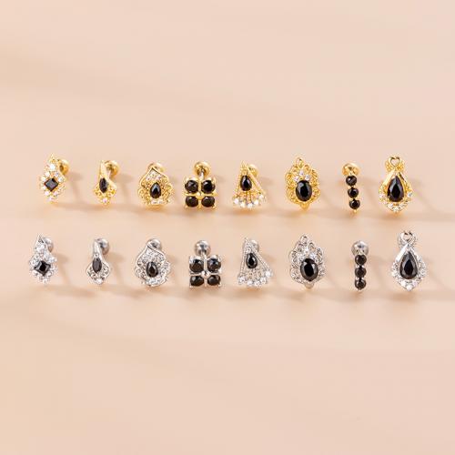 304 Stainless Steel Piercing Earring, with Brass, plated, 8 pieces & micro pave cubic zirconia & for woman, more colors for choice, 6x0.80mm, Sold By Set