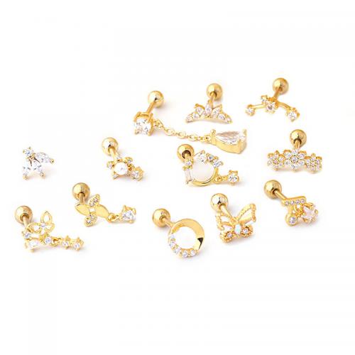 304 Stainless Steel Piercing Earring, with Brass, plated, 12 pieces & micro pave cubic zirconia & for woman, more colors for choice, 6x1.20mm, Sold By Set
