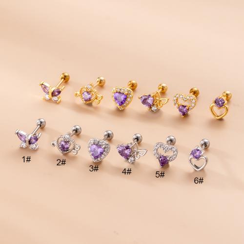 304 Stainless Steel Piercing Earring, with Brass, Heart, plated, 6 pieces & micro pave cubic zirconia & for woman, more colors for choice, 6x0.80mm, Sold By Set