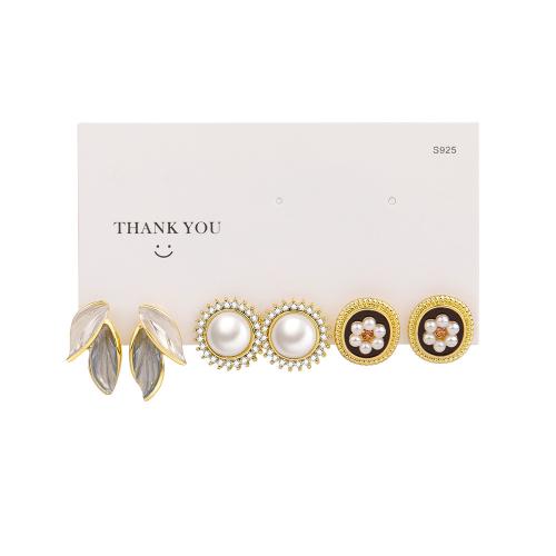 Zinc Alloy Earring Set with Plastic Pearl plated & for woman & enamel & with rhinestone earring length 10-30mm Sold By Set