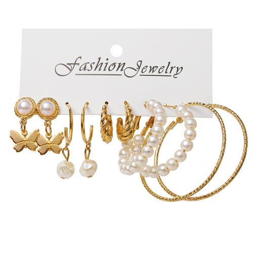 Cink Alloy Set naušnice, s Plastična Pearl, zlatna boja pozlaćen, 5 komada & za žene, earring length 25-50mm, Prodano By Set