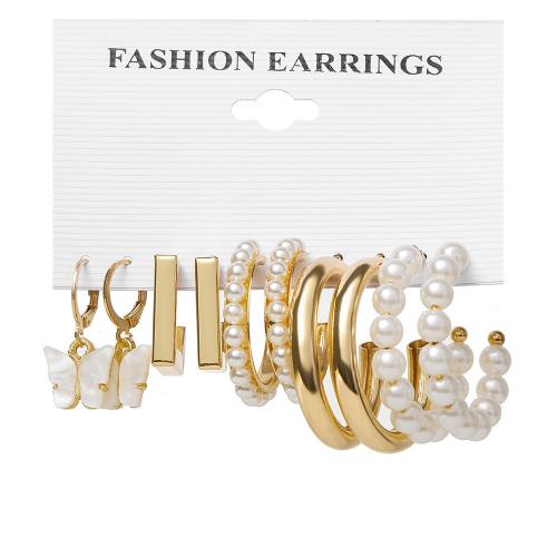 Κράμα ψευδάργυρου Σύνολο σκουλαρίκι, με Πλαστικά Μαργαριτάρι & Ακρυλικό, χρώμα επίχρυσο, κοσμήματα μόδας & για τη γυναίκα, earring length 20-50mm, Sold Με Ορισμός