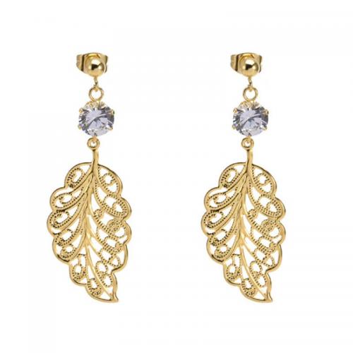 Stainless Steel Drop Earring 304 Stainless Steel with Cubic Zirconia Leaf Vacuum Ion Plating fashion jewelry & for woman & hollow golden nickel lead & cadmium free Sold By Pair