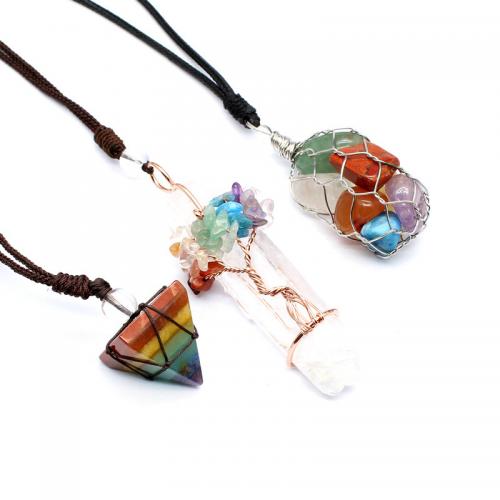 Natural Gemstone Necklace, with Knot Cord & leather cord & Tibetan Style, plated, fashion jewelry & Unisex & different styles for choice, more colors for choice, Length:Approx 60 cm, Sold By PC