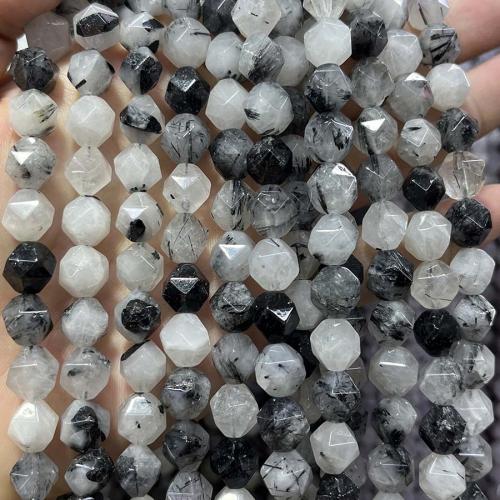 Natürlicher Quarz Perlen Schmuck, Schwarzer Rutilquarz, Vieleck, DIY & verschiedene Größen vorhanden & facettierte, gemischte Farben, verkauft per ca. 38 cm Strang