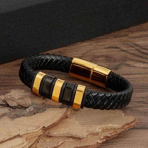 Leather Cord Bracelet 304 Stainless Steel with leather cord plated fashion jewelry & for man nickel lead & cadmium free Length Approx 21.5 cm Sold By PC
