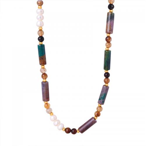 Natural Gemstone Necklace Natural Stone with Titanium Steel & Freshwater Pearl fashion jewelry & for woman Length Approx 38 cm Sold By PC