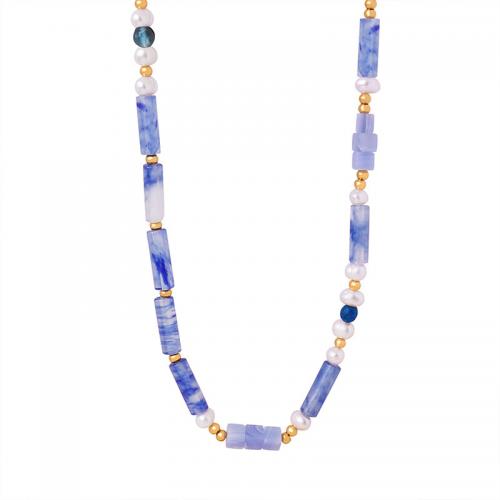 Natural Gemstone Necklace Sodalite with Titanium Steel & Freshwater Pearl fashion jewelry & for woman Length Approx 42 cm Sold By PC