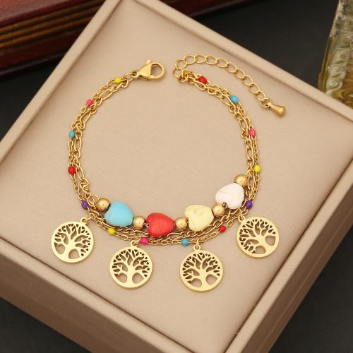 Stainless Steel Jewelry Bracelet 304 Stainless Steel with turquoise with 5cm extender chain Vacuum Ion Plating Double Layer & for woman golden Length Approx 18 cm Sold By PC