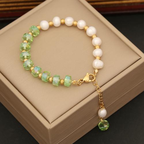Stainless Steel Jewelry Bracelet 304 Stainless Steel with Crystal & Plastic Pearl with 5cm extender chain handmade fashion jewelry & for woman golden Length Approx 18 cm Sold By PC
