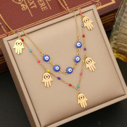 Evil Eye Schmuck Halskette, 304 Edelstahl, mit Verlängerungskettchen von 5cm, Doppelschicht & verschiedene Stile für Wahl & für Frau & Emaille, goldfarben, Länge ca. 40 cm, verkauft von PC