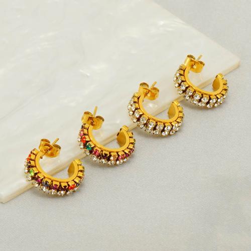 Stainless Steel Stud Earrings, 304 Stainless Steel, 18K gold plated, fashion jewelry & for woman & with rhinestone, golden, 17x5x17mm, Sold By Pair