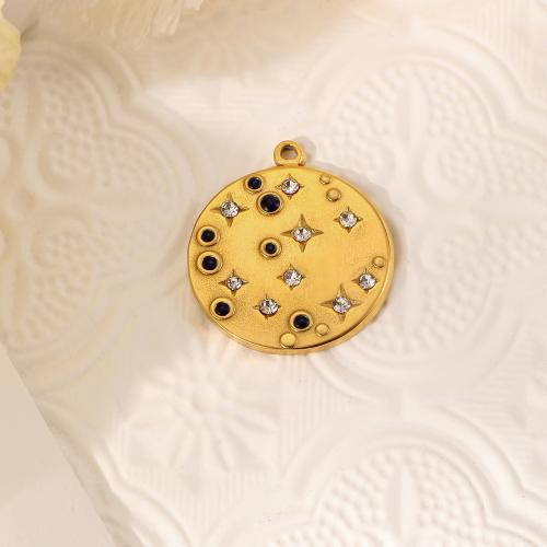 Stainless Steel Pendants, 304 Stainless Steel, Round, Vacuum Ion Plating, DIY & with rhinestone, golden, 18x21mm, Sold By PC