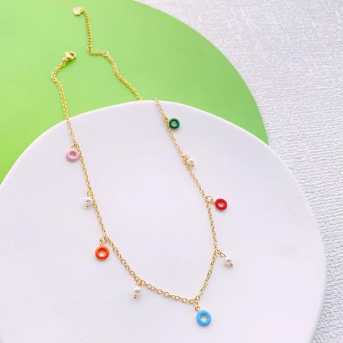 Edelstahl Schmuck Halskette, 304 Edelstahl, mit Kunststoff Perlen, mit Verlängerungskettchen von 5cm, Kreisring, Modeschmuck & für Frau & Emaille, keine, Pendant 7mm,Plastic pearl 4mm, Länge ca. 40 cm, verkauft von PC