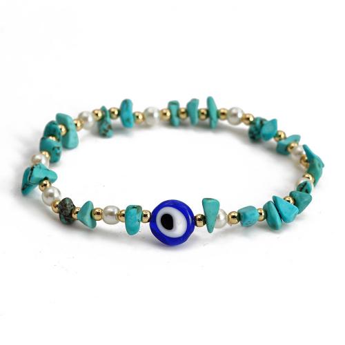 Evil Eye Jewelry Bracelet, Natural Turquoise, with Lampwork & Plastic Pearl & Brass, gold color plated, fashion jewelry & evil eye pattern & for woman, mixed colors, Length:Approx 18 cm, Sold By PC