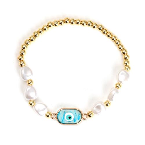 Bracelet Evil Eye bijoux, laiton, avec perle de plastique & alliage de zinc, Placage de couleur d'or, bijoux de mode & motif de mauvais œil & pour femme, plus de couleurs à choisir, protéger l'environnement, sans nickel, plomb et cadmium, inner perimeter 175mm, Vendu par PC