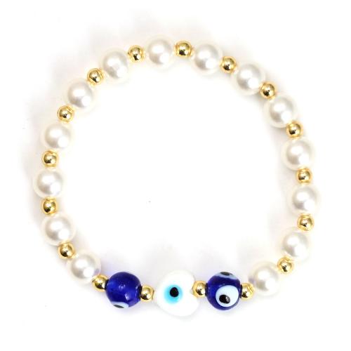 Bracelet Evil Eye bijoux, laiton, avec chalumeau & perle de plastique, Rond, Placage de couleur d'or, bijoux de mode & motif de mauvais œil & pour femme, plus de couleurs à choisir, protéger l'environnement, sans nickel, plomb et cadmium, Vendu par PC