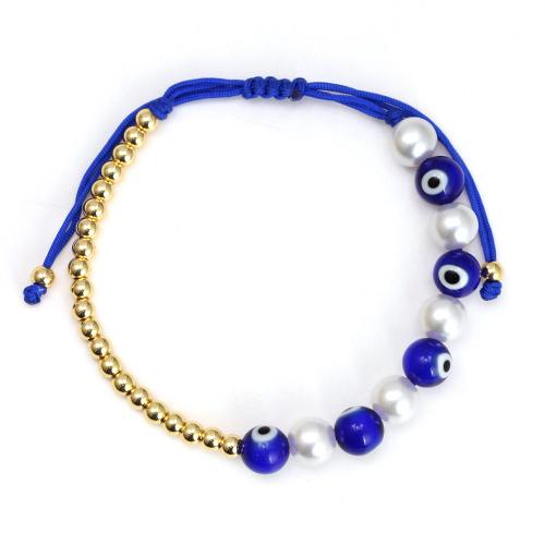 Evil Eye Jewelry Bracelet, Brass, with Knot Cord & Lampwork & Plastic Pearl, Round, gold color plated, fashion jewelry & evil eye pattern & adjustable & for woman, more colors for choice, nickel, lead & cadmium free, Sold By PC