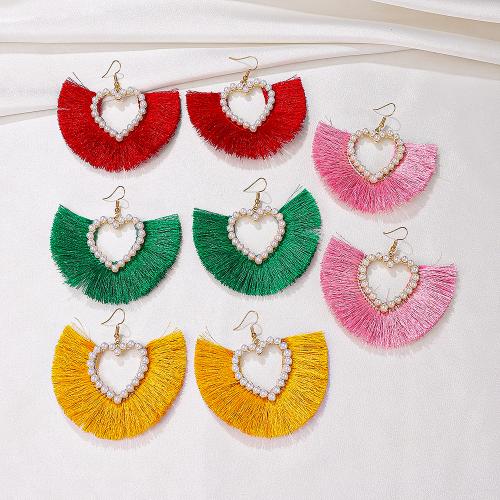 Tibetan Style Drop Earrings, with Cotton Thread & Plastic Pearl, Fan, handmade, fashion jewelry & for woman & hollow, more colors for choice, nickel, lead & cadmium free, 73x73mm, Sold By Pair