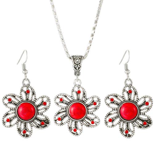 Zinc Alloy Jewelry Sets earring & necklace with turquoise Flower plated 2 pieces & fashion jewelry & for woman nickel lead & cadmium free Sold By Set