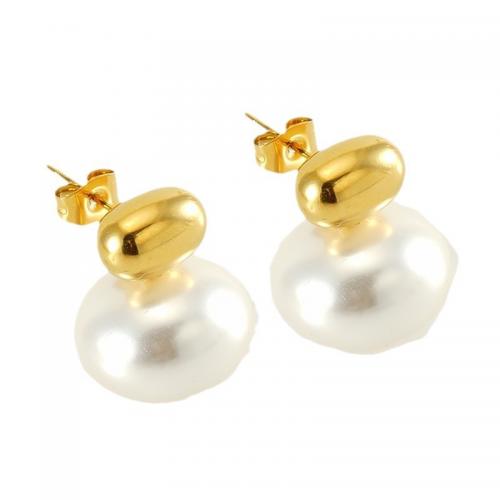 Stainless Steel Stud Earrings, 304 Stainless Steel, with Plastic Pearl, Vacuum Ion Plating, fashion jewelry & for woman, golden, nickel, lead & cadmium free, 19x16mm, Sold By Pair