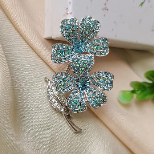 Tibetan Style Brooches, Flower, plated, fashion jewelry & for woman & with rhinestone, more colors for choice, 40x63mm, Sold By PC