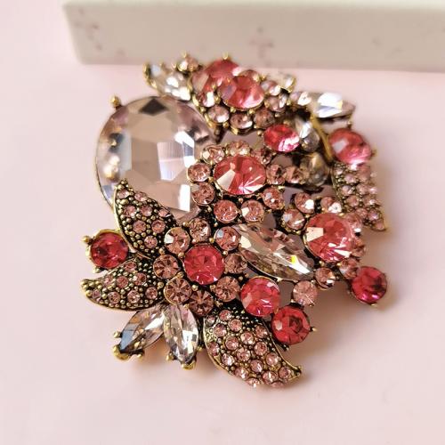 Tibetan Style Brooches, Flower, gold color plated, fashion jewelry & for woman & with rhinestone, more colors for choice, 53x66mm, Sold By PC