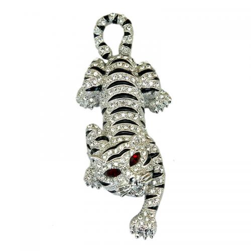 Tibetan Style Brooches, Tiger, platinum color plated, fashion jewelry & Unisex & with rhinestone, 93x35mm, Sold By PC